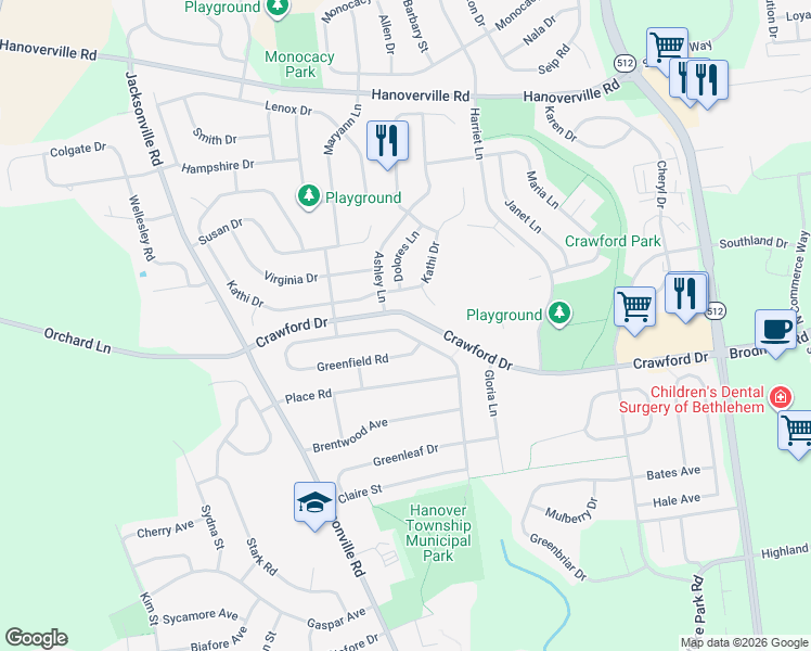 map of restaurants, bars, coffee shops, grocery stores, and more near 4617 Greenfield Road in Bethlehem