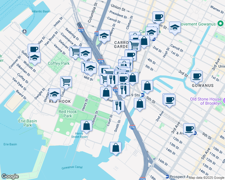 map of restaurants, bars, coffee shops, grocery stores, and more near 154 Centre Street in Brooklyn