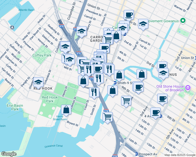 map of restaurants, bars, coffee shops, grocery stores, and more near 529 Court Street in Brooklyn