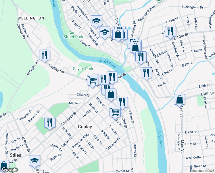 map of restaurants, bars, coffee shops, grocery stores, and more near 37 North 2nd Street in Coplay