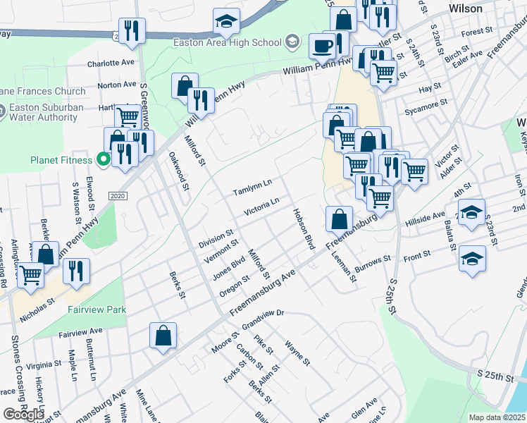 map of restaurants, bars, coffee shops, grocery stores, and more near 2734 Victoria Lane in Easton