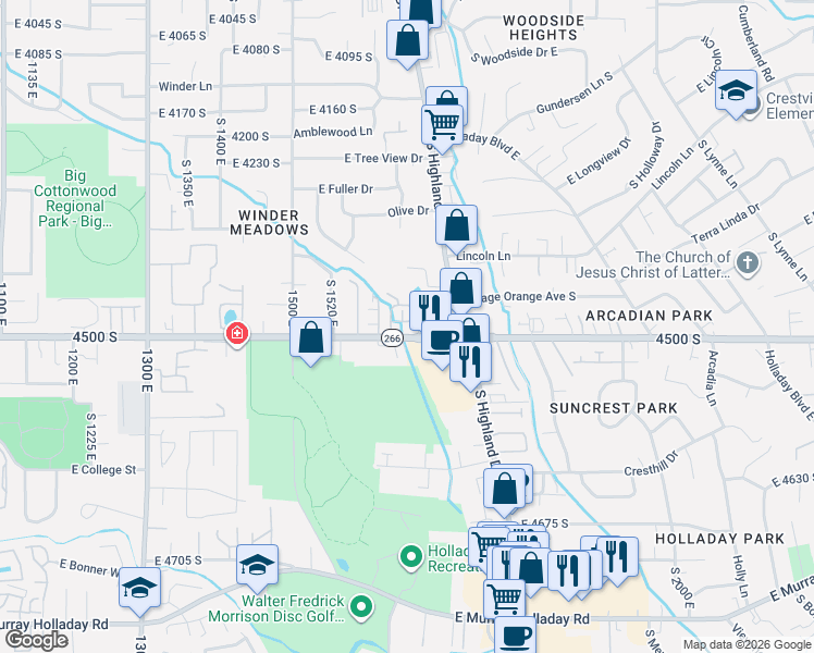 map of restaurants, bars, coffee shops, grocery stores, and more near 1692 Kelmscott Court in Salt Lake City