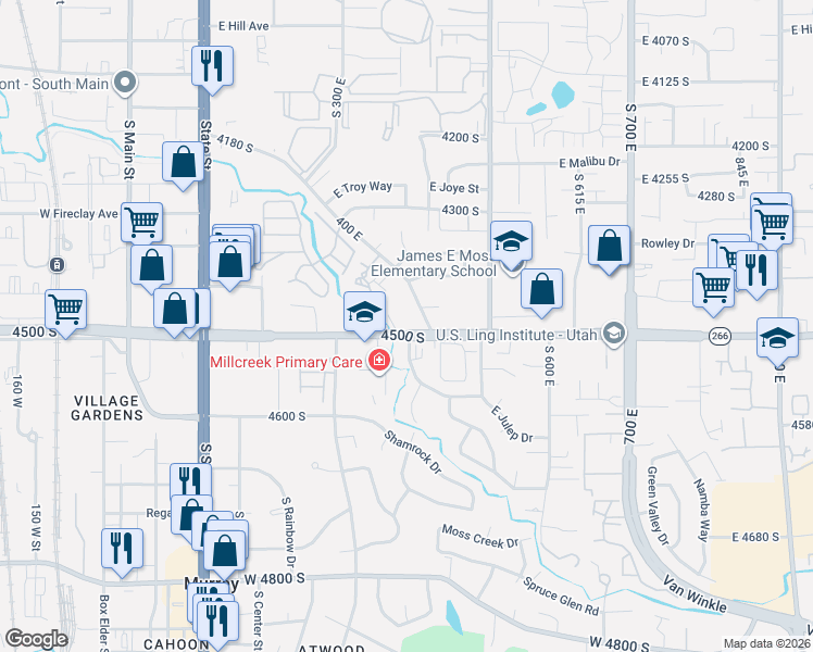 map of restaurants, bars, coffee shops, grocery stores, and more near 4475 Lochnivar Court in Millcreek