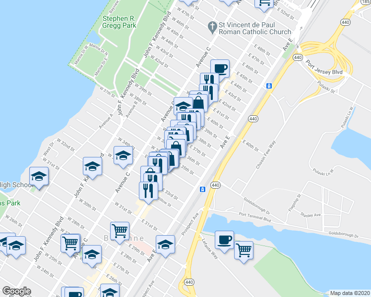 map of restaurants, bars, coffee shops, grocery stores, and more near 806 Broadway in Bayonne
