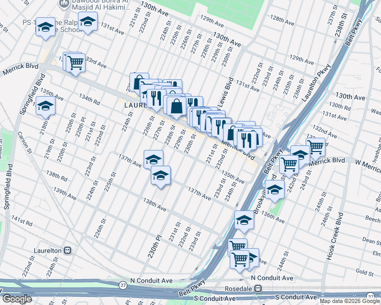 map of restaurants, bars, coffee shops, grocery stores, and more near 134-49 230th Street in Queens