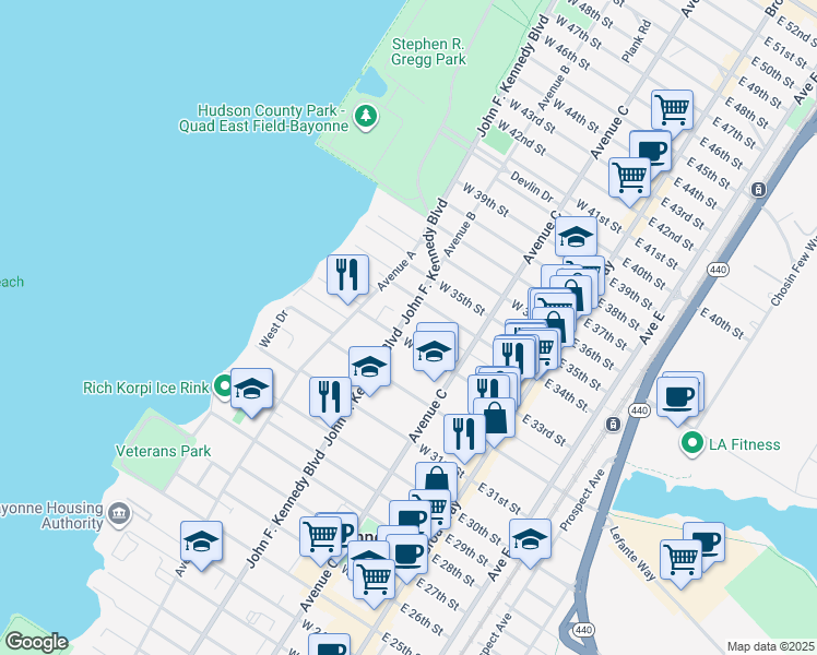 map of restaurants, bars, coffee shops, grocery stores, and more near 83-85 East 33rd Street in Bayonne