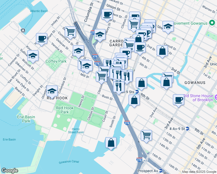map of restaurants, bars, coffee shops, grocery stores, and more near 154 Centre Street in Brooklyn