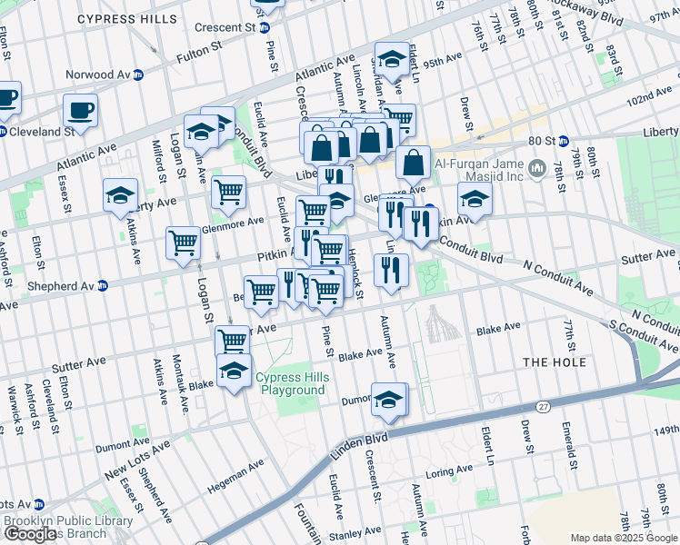 map of restaurants, bars, coffee shops, grocery stores, and more near 1067 Belmont Avenue in Brooklyn