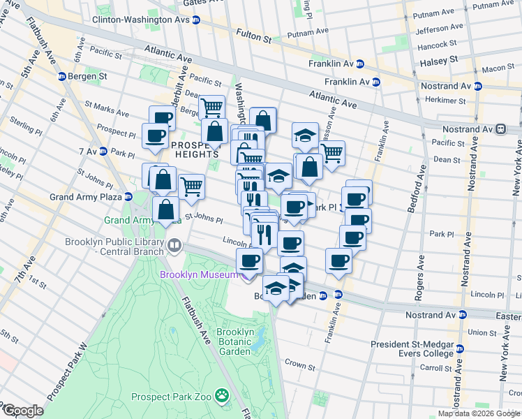 map of restaurants, bars, coffee shops, grocery stores, and more near 802 Washington Avenue in Brooklyn