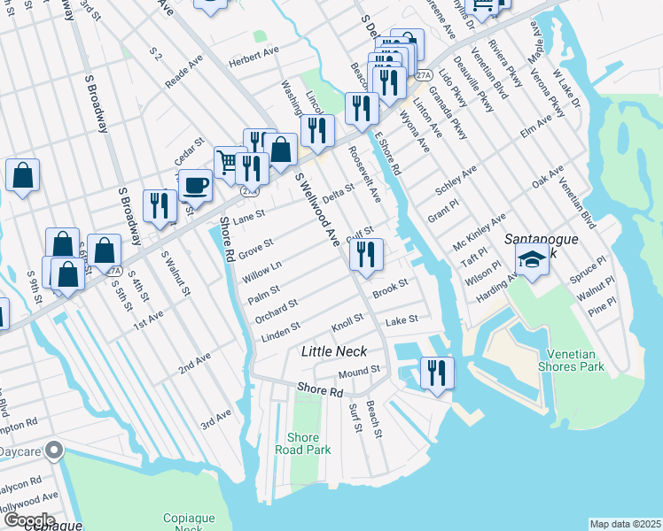 map of restaurants, bars, coffee shops, grocery stores, and more near 15 Palm Street in Lindenhurst