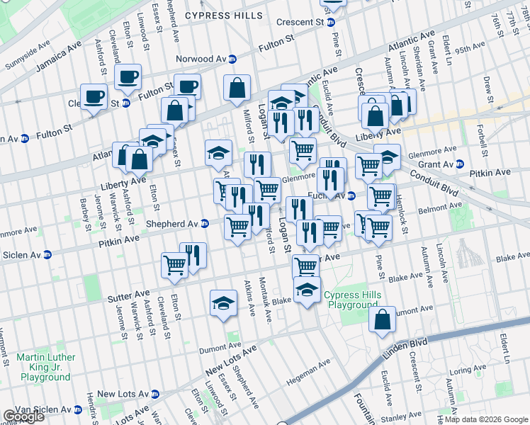map of restaurants, bars, coffee shops, grocery stores, and more near 2576 Pitkin Ave in Brooklyn