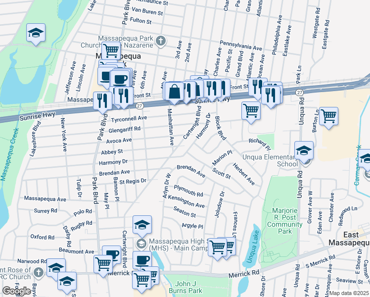 map of restaurants, bars, coffee shops, grocery stores, and more near 95 Scott Street in Massapequa Park
