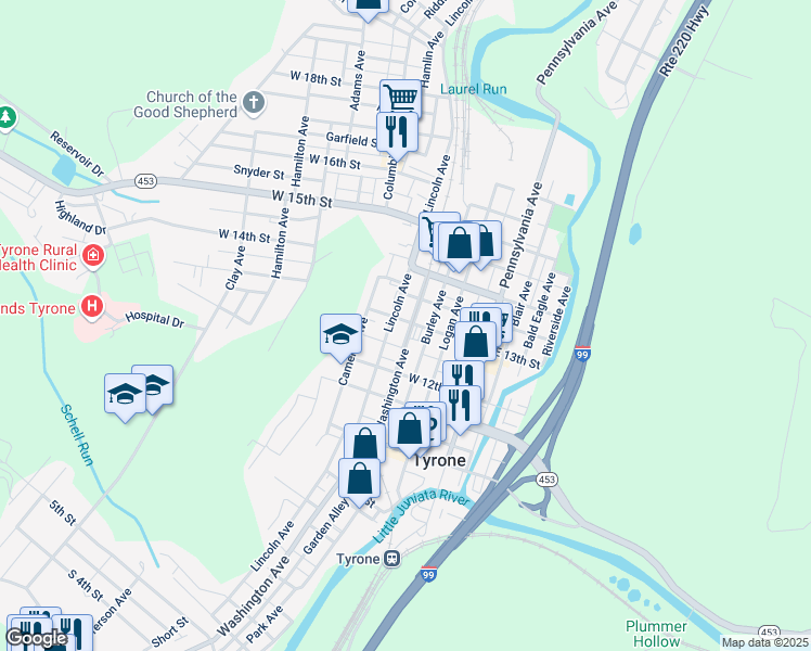 map of restaurants, bars, coffee shops, grocery stores, and more near 1246-1298 Washington Avenue in Tyrone