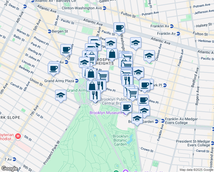 map of restaurants, bars, coffee shops, grocery stores, and more near 340 Saint Johns Place in Brooklyn