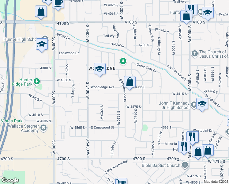 map of restaurants, bars, coffee shops, grocery stores, and more near 5240 West Cherrywood Lane in West Valley City