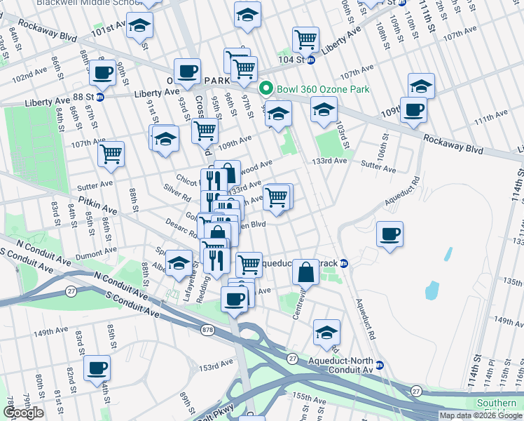 map of restaurants, bars, coffee shops, grocery stores, and more near 135-01 96th Street in Queens