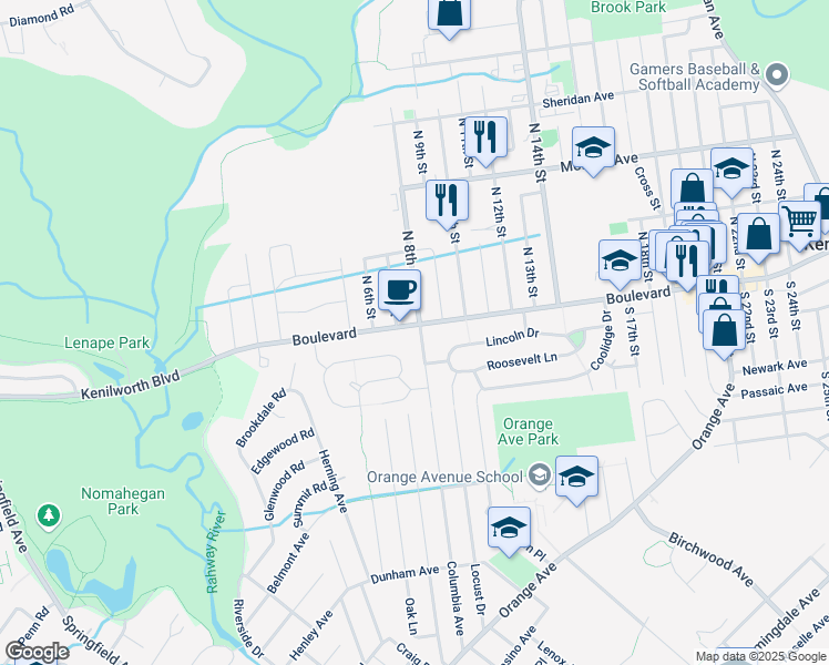 map of restaurants, bars, coffee shops, grocery stores, and more near 26 Columbia Avenue in Kenilworth