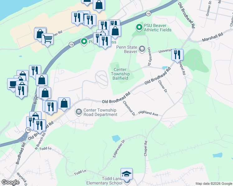 map of restaurants, bars, coffee shops, grocery stores, and more near 1609 Old Brodhead Road in Monaca