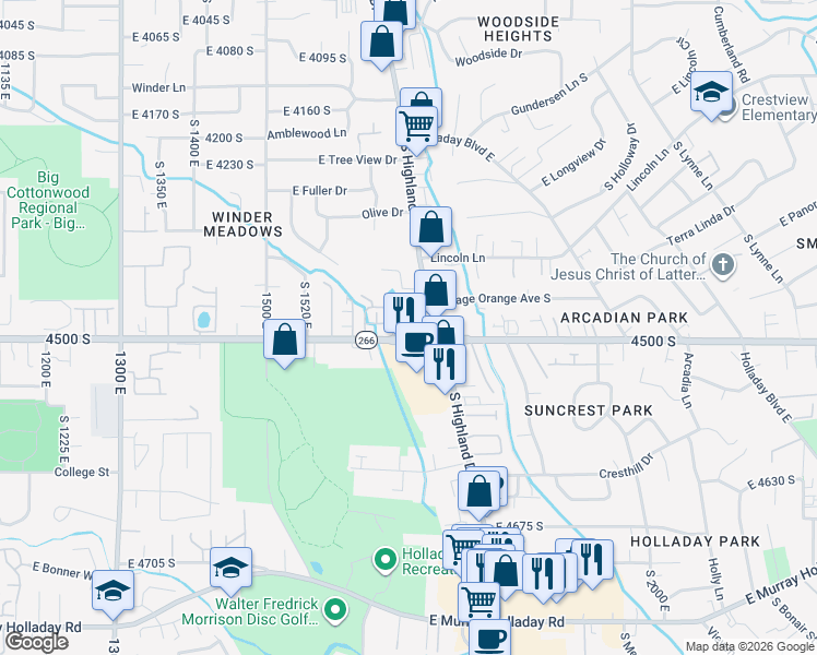 map of restaurants, bars, coffee shops, grocery stores, and more near 1714 East 4500 South in Salt Lake City