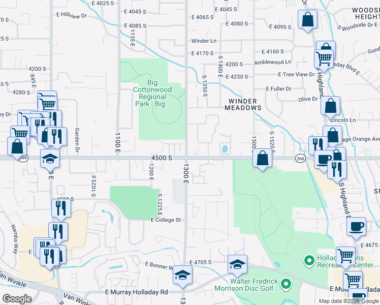 map of restaurants, bars, coffee shops, grocery stores, and more near 1323 East 4500 South in Salt Lake City