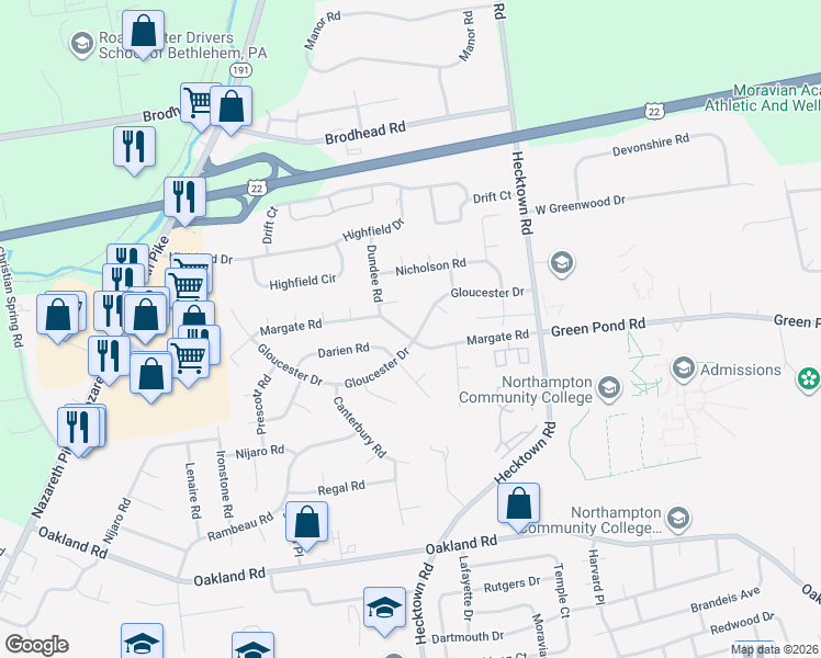 map of restaurants, bars, coffee shops, grocery stores, and more near 3532 Margate Road in Bethlehem