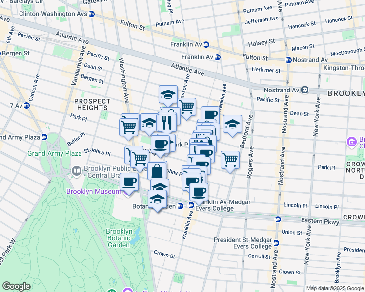 map of restaurants, bars, coffee shops, grocery stores, and more near 575 Park Place in Brooklyn