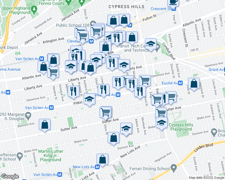map of restaurants, bars, coffee shops, grocery stores, and more near 383 Essex Street in Brooklyn