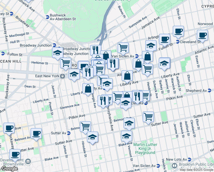 map of restaurants, bars, coffee shops, grocery stores, and more near 127 Pennsylvania Avenue in Brooklyn