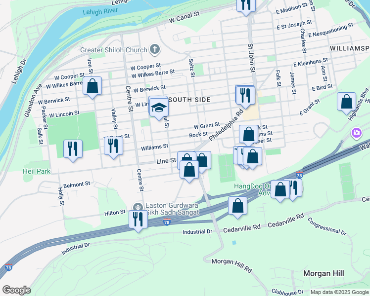map of restaurants, bars, coffee shops, grocery stores, and more near 452 Williams Street in Easton