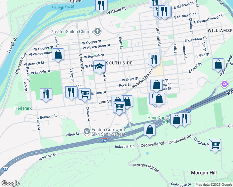 map of restaurants, bars, coffee shops, grocery stores, and more near 452 Williams Street in Easton