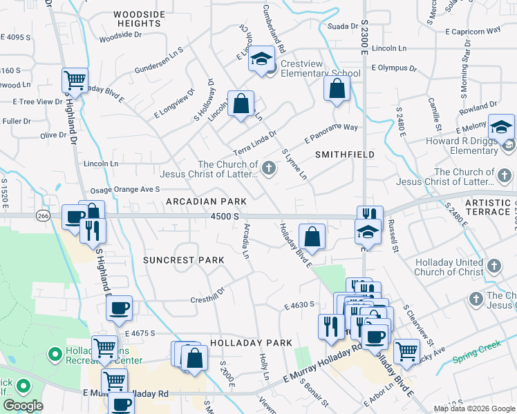 map of restaurants, bars, coffee shops, grocery stores, and more near 2091 East 4500 South in Holladay