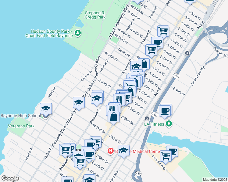 map of restaurants, bars, coffee shops, grocery stores, and more near 39 East 34th Street in Bayonne
