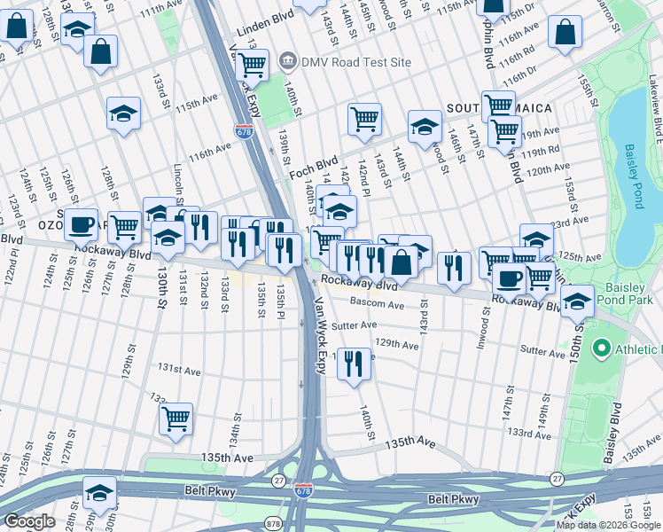 map of restaurants, bars, coffee shops, grocery stores, and more near 140-18 Rockaway Boulevard in Queens