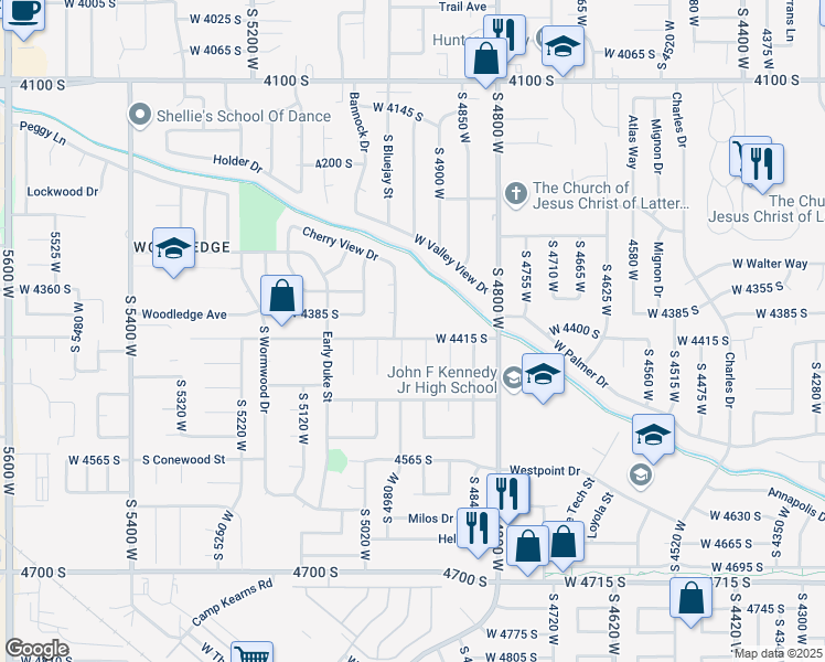 map of restaurants, bars, coffee shops, grocery stores, and more near 4944 West Cherrywood Lane in West Valley City