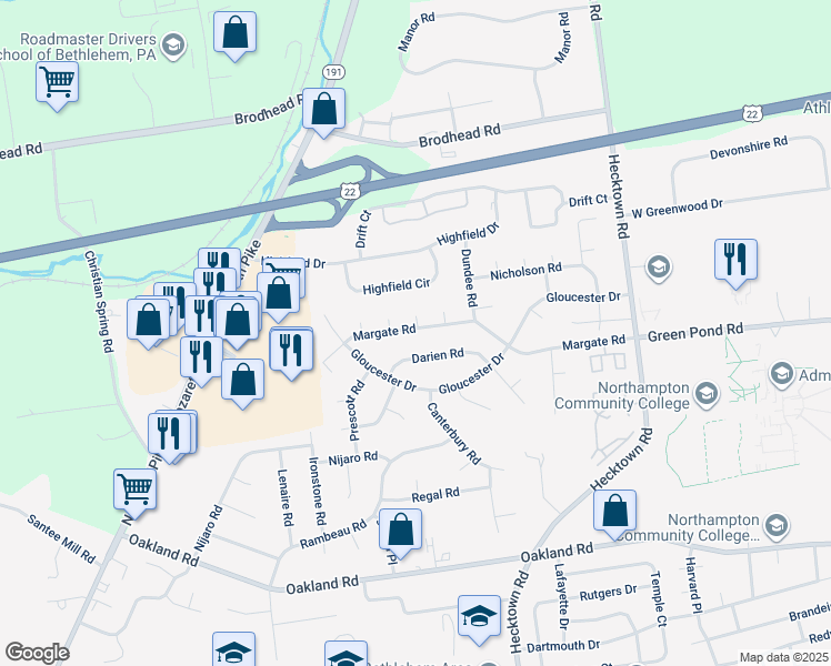 map of restaurants, bars, coffee shops, grocery stores, and more near 3236 Margate Road in Bethlehem