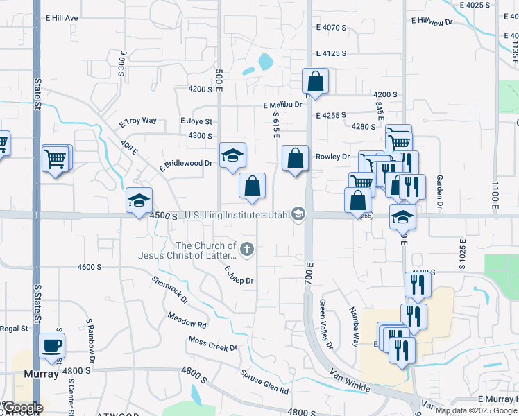 map of restaurants, bars, coffee shops, grocery stores, and more near 4475 South 500 East in Millcreek
