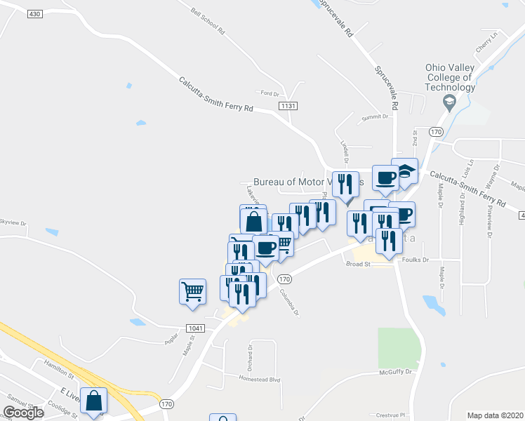 map of restaurants, bars, coffee shops, grocery stores, and more near 48615 Lakeview Circle in Calcutta