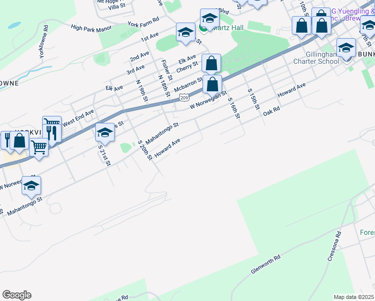 map of restaurants, bars, coffee shops, grocery stores, and more near 1825 Oak Road in Pottsville
