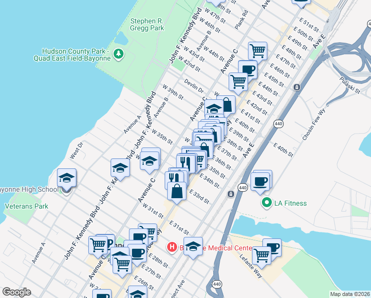 map of restaurants, bars, coffee shops, grocery stores, and more near 39 East 34th Street in Bayonne