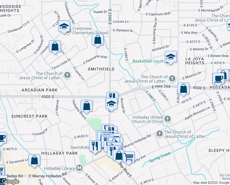 map of restaurants, bars, coffee shops, grocery stores, and more near 4455 Holladay Park Lane in Holladay
