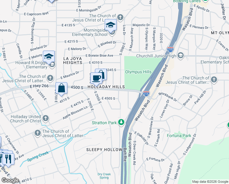map of restaurants, bars, coffee shops, grocery stores, and more near 3040 East 4430 South in Holladay
