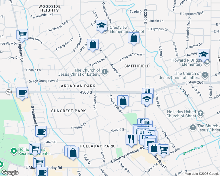 map of restaurants, bars, coffee shops, grocery stores, and more near 2140 East 4500 South in Holladay