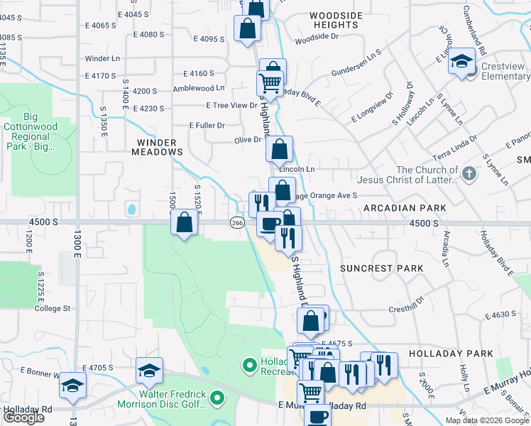 map of restaurants, bars, coffee shops, grocery stores, and more near 1714 East 4500 South in Salt Lake City