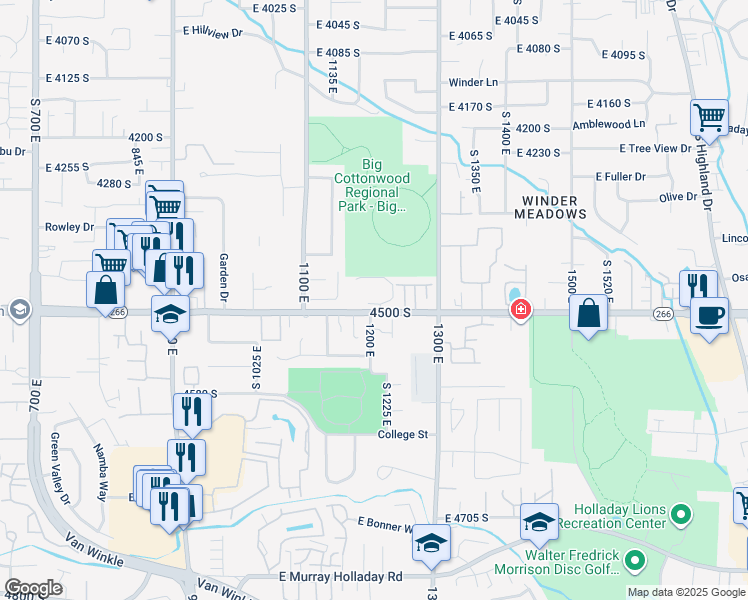 map of restaurants, bars, coffee shops, grocery stores, and more near 1212 East 4500 South in Millcreek