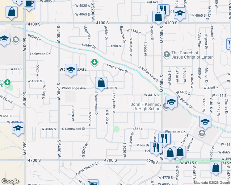 map of restaurants, bars, coffee shops, grocery stores, and more near 5091 West Cherrywood Lane in West Valley City