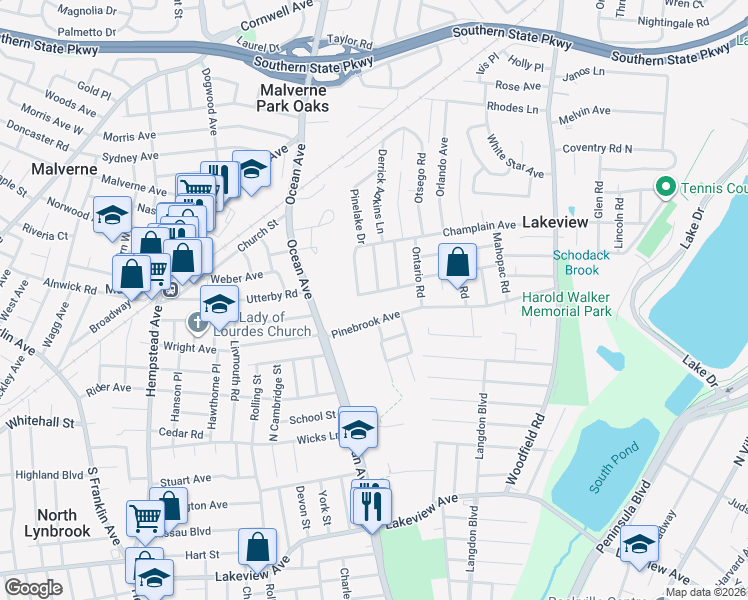 map of restaurants, bars, coffee shops, grocery stores, and more near 600 Pinebrook Avenue in West Hempstead
