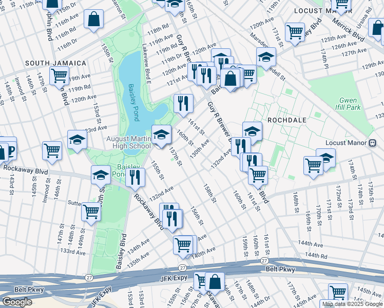 map of restaurants, bars, coffee shops, grocery stores, and more near 130-19 158th Street in Queens
