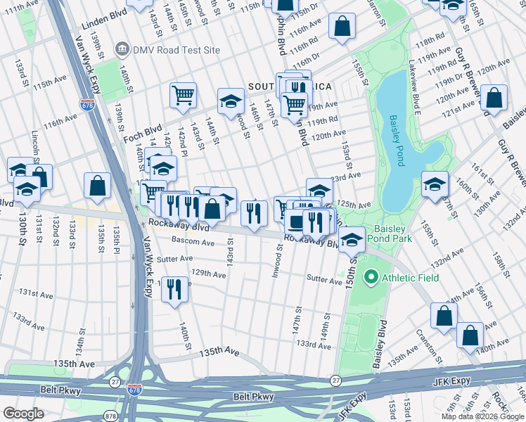 map of restaurants, bars, coffee shops, grocery stores, and more near 144-11 Rockaway Boulevard in Queens