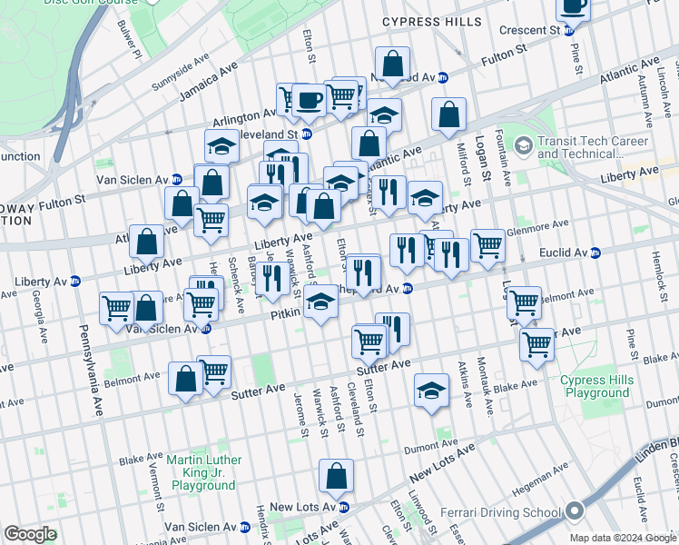 map of restaurants, bars, coffee shops, grocery stores, and more near 443 Cleveland Street in Brooklyn