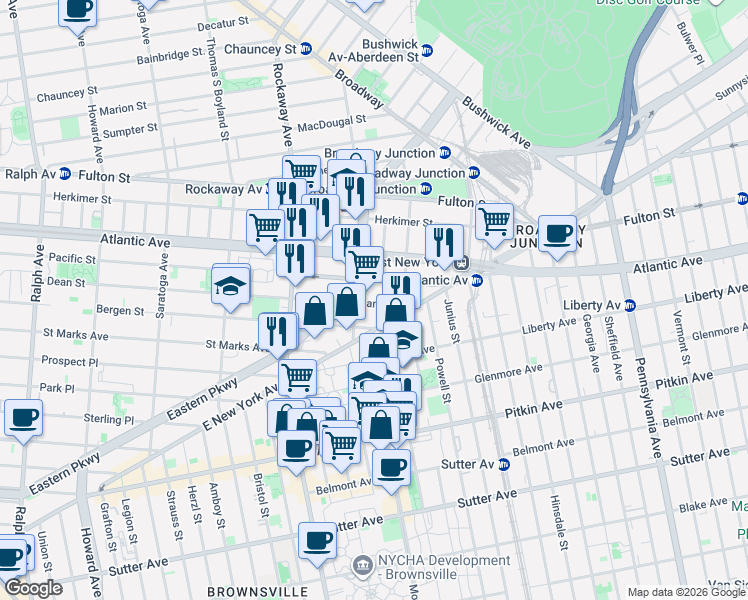 map of restaurants, bars, coffee shops, grocery stores, and more near 219 Mother Gaston Boulevard in Brooklyn